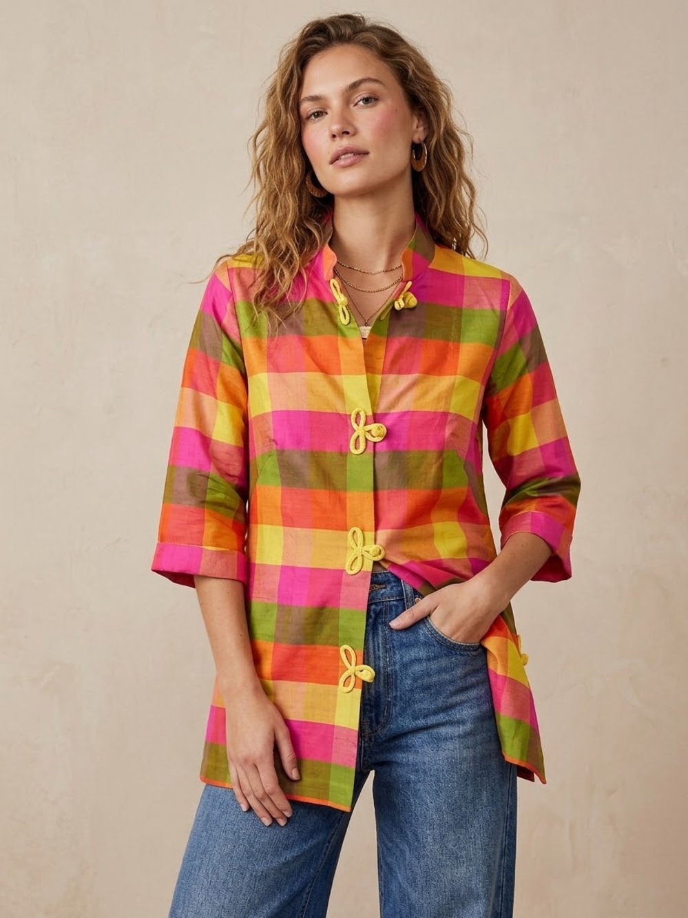 Vintage 60s Plaid Raw Silk Cheongsam Mandarin Collar Tunic Top Frog Closure